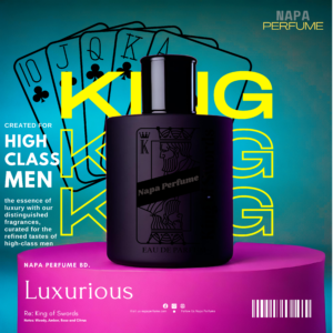 Black NAPA Eau de Parfum bottle with silver king of spades design for men. King of Swords. Woody, amber, rose, and citrus notes. Luxurious fragrance for the high-class gentleman. NAPA Perfume: napaperfumesbd.shop #MensPerfume #Woody #Amber